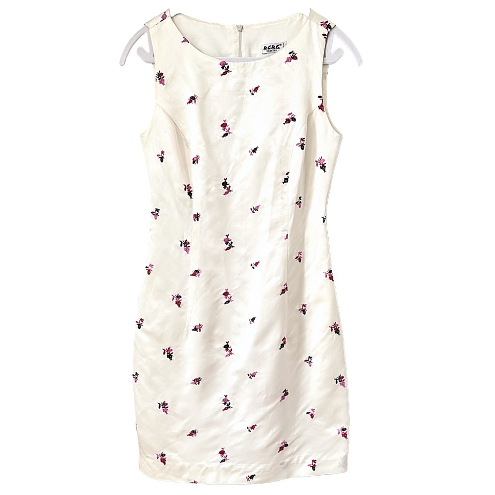 BCBG Ivory White Sheath Midi Dress Red & Pink Flower Embroidery Sleeveless Sz 4
